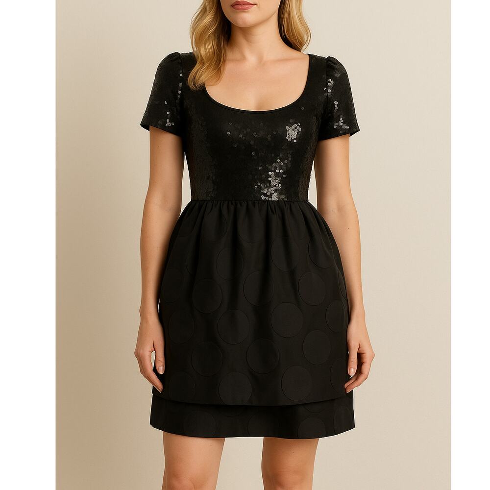 Vintage Tadashi Shoji Black Dress Size 10 Sequin Top Polka dot Balloon Skirt